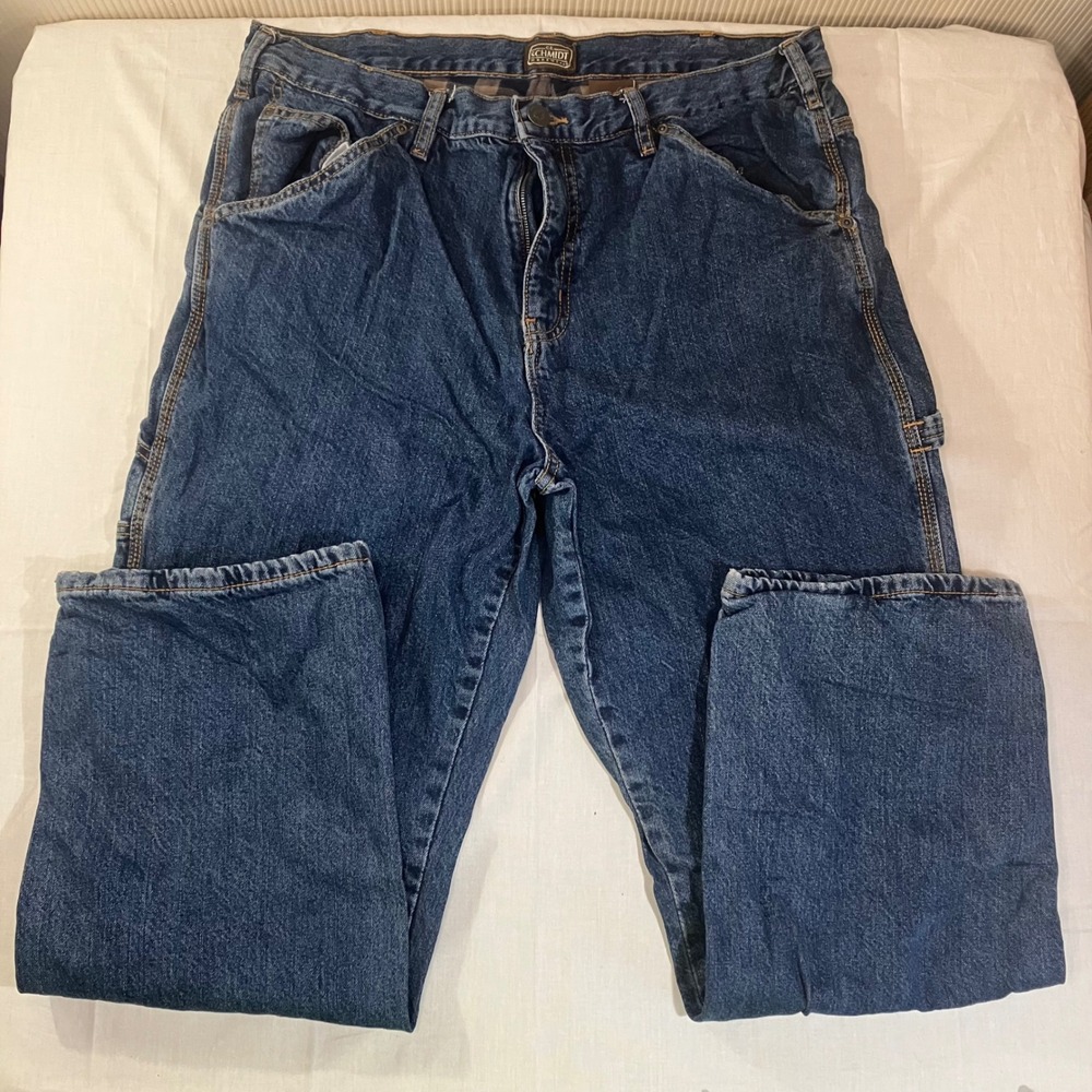 CE Schmidt Mens 36x30 Flannel Lined Carpenter Jeans Blue Denim Work Pants 36x29